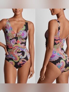 Lauren Ralph Lauren black Bordado Paisley Ruched One-Piece Swimsuit 14 NWT
